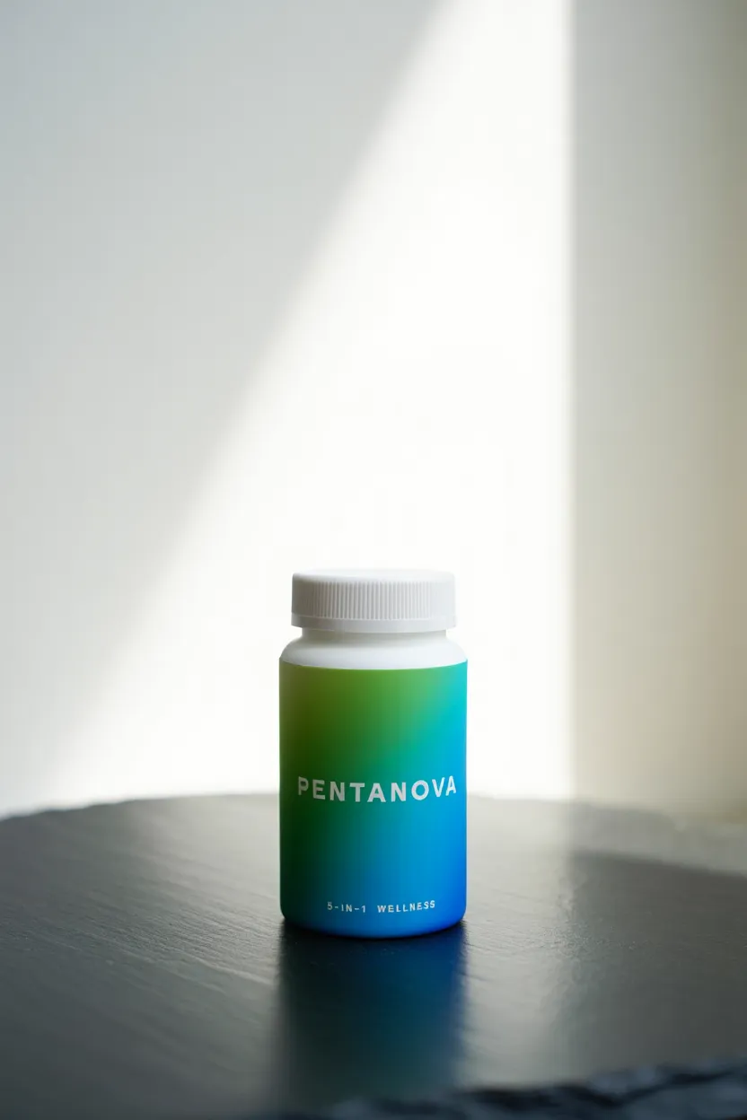 Pentanova 5-in-1 wellness supplement bottle with green and blue packaging